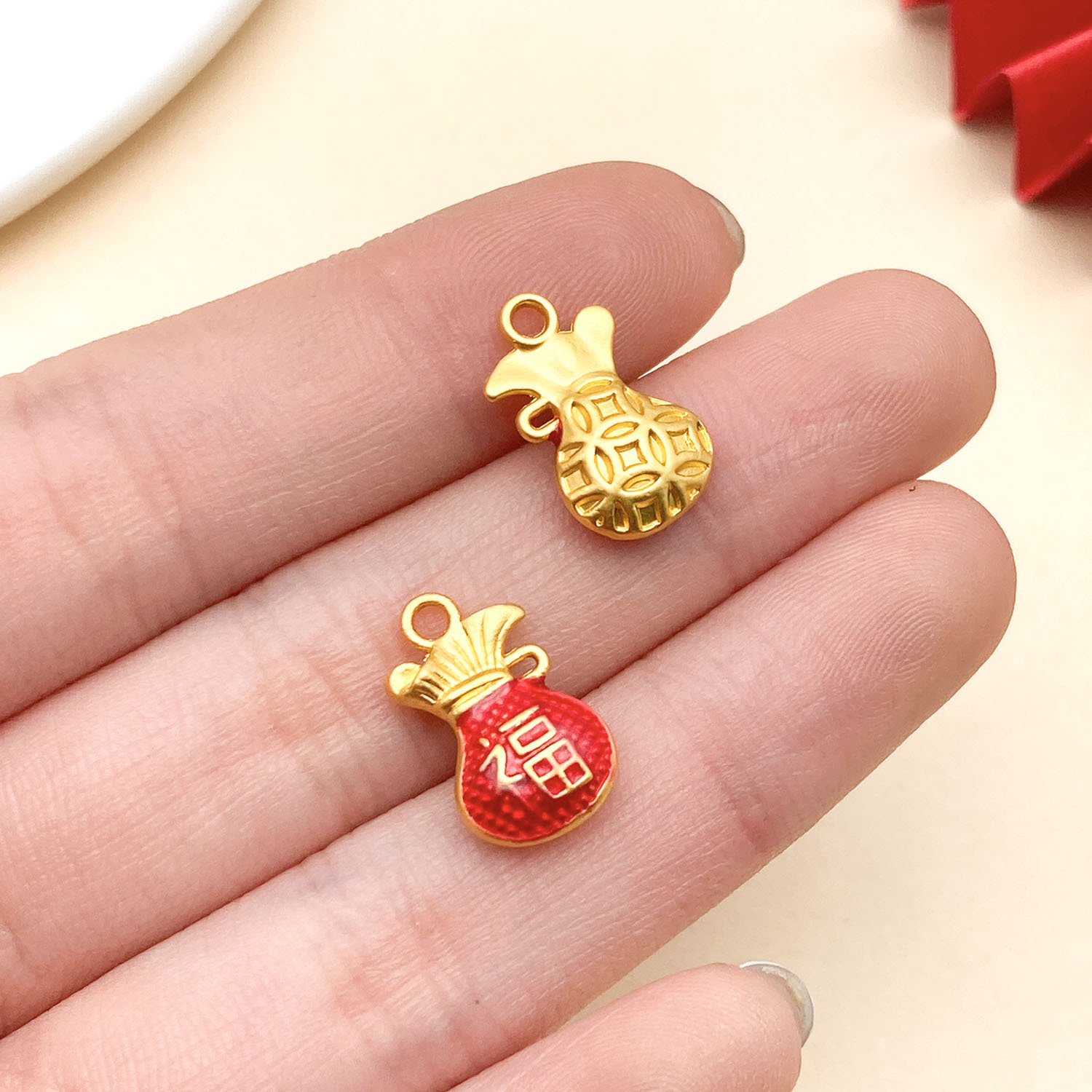 22797-ZY2-红色滴油古法金哑金铜钱福袋钱袋16x9m