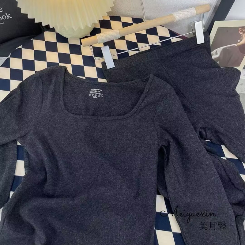 美月馨8368秋冬羊毛蚕丝方领保暖内衣套装女修身显瘦内搭秋衣秋裤|undefined