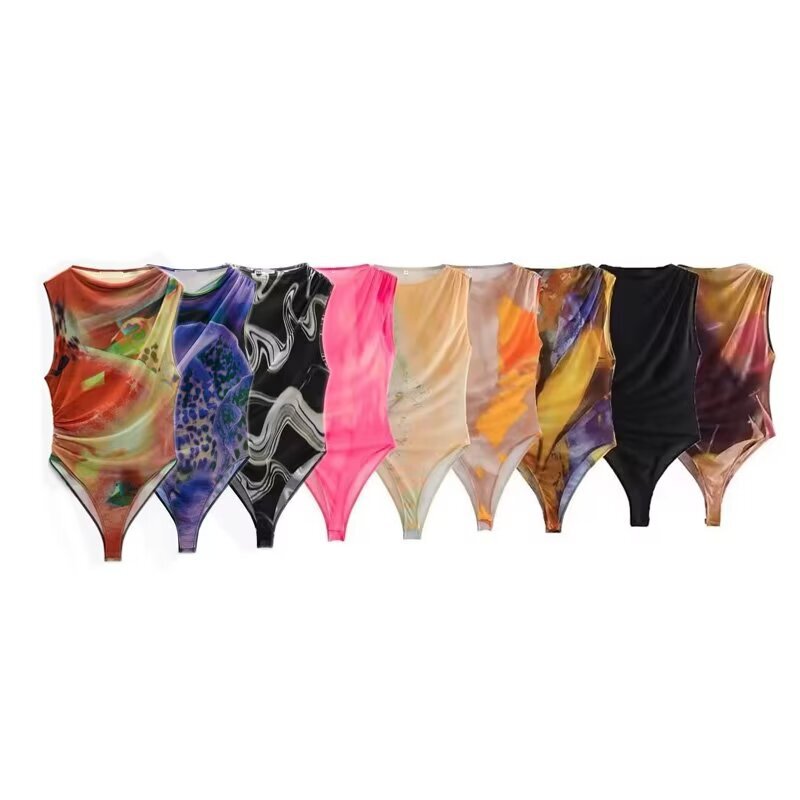 Long-term in stock-cross-border women's 2024 summer pleated decorative round neck sleeveless multi-color printed silk screen jumpsuit Long-term in stock-cross-border women's 2024 summer pleated decorative round neck sleeveless multi-color printed silk screen jumpsuit