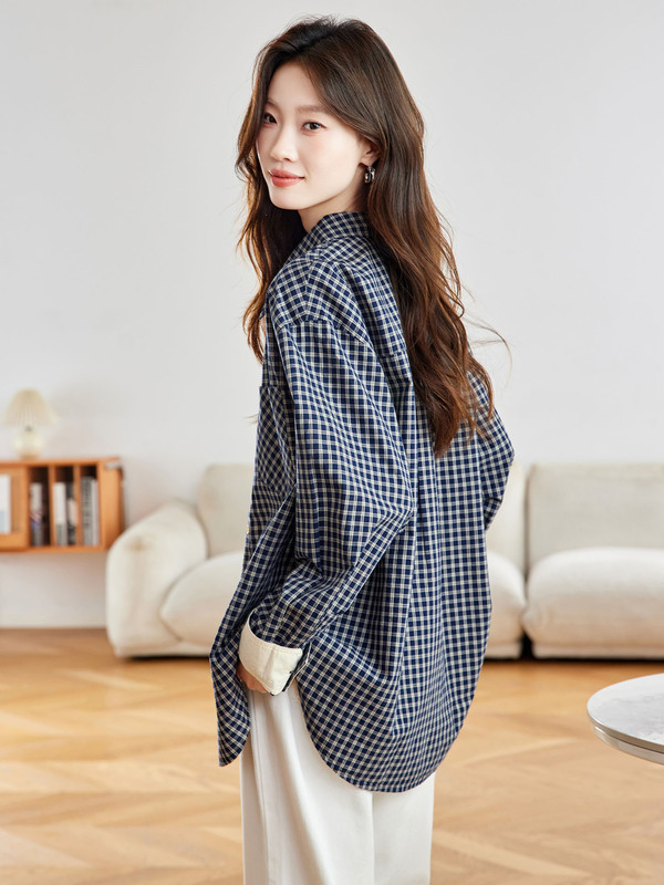 棉茧 格纹长袖衬衫女2025秋季慵懒感松弛韩系大码衬衣通勤上衣女|undefined