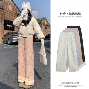 Sweet Girl Style Cotton Pants Women's Winter fleece-lined Thickened Warm Fleece Stitching High Waist Straight Casual Windproof Wide Leg Pants