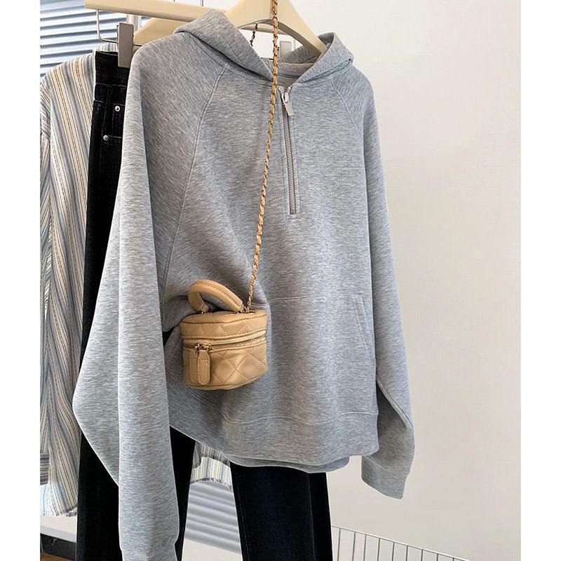 2026 New Style Petite Gray Half-Zip Pullover Hoodie for Women, Spring and Autumn Long-Sleeve Loose Sweatshirt Top 2026 New Style Petite Gray Half-Zip Pullover Hoodie for Women, Spring and Autumn Long-Sleeve Loose Sweatshirt Top