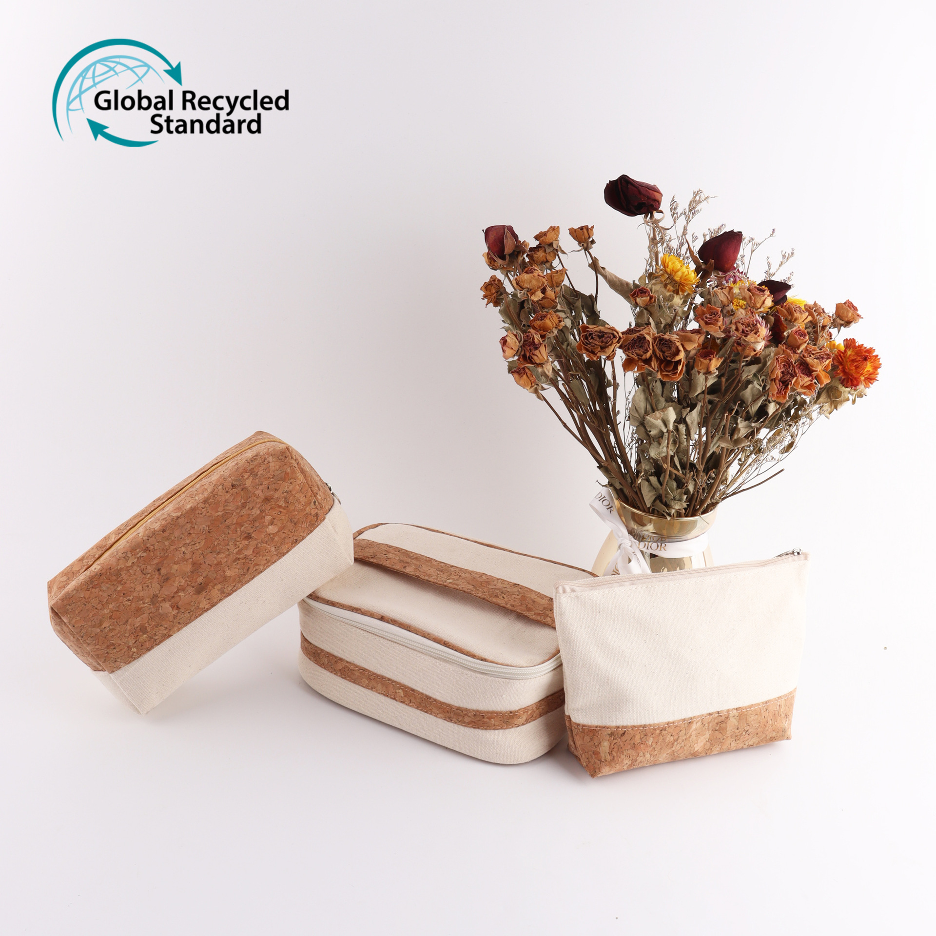 재활용 코튼 캔버스 보관 가방 보관 가방 GRS 오리지널 컬러 우드 그레인 여행 워시 세트 친환경 코르크 화장품 가방