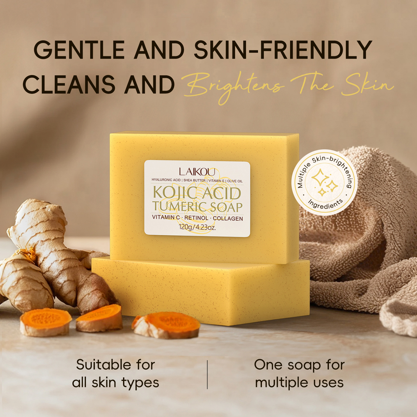 Cross-border new product LAIKOU Curic Acid Turmeric Soap 120g for cleansing facial skin and brightening complexion. Wholesale of facial soap Item Picture