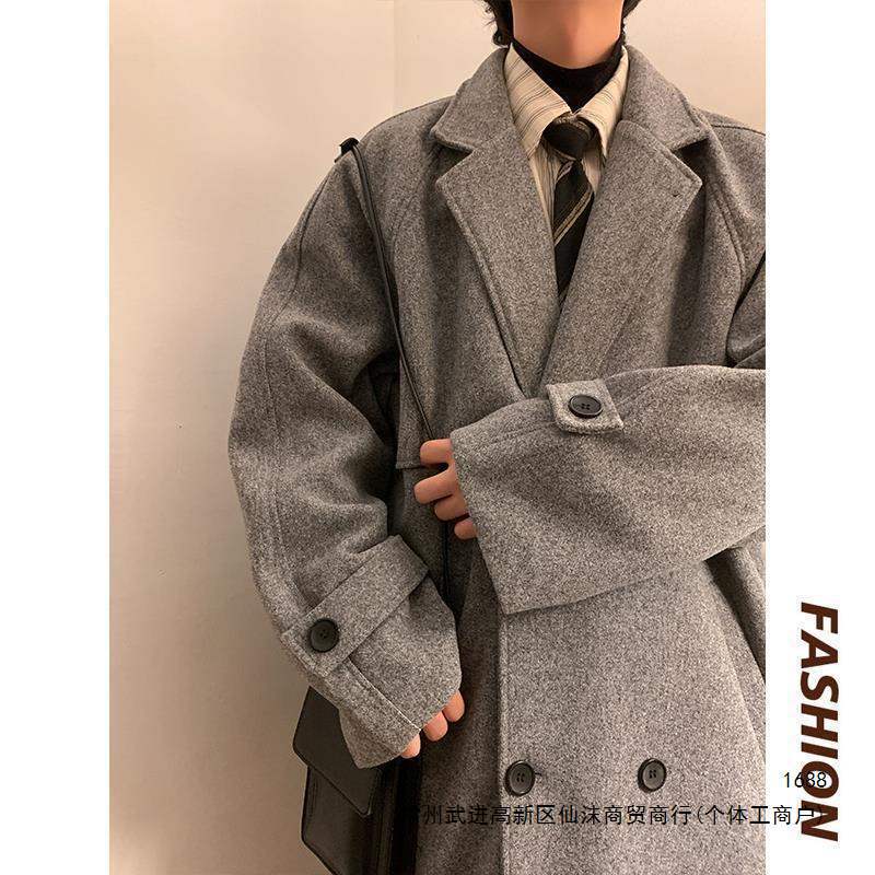Double-breasted chic trench coat for men, autumn and winter, plus size, mid-length wool, 12cm, in stock, full order.