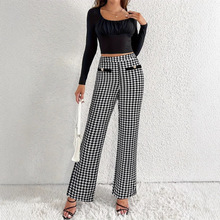裤子女2024新款优雅通勤千鸟格撞色假口袋纽扣装饰直筒阔腿裤长裤