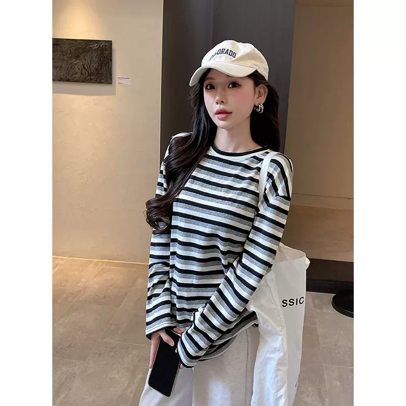慵懒风chic春秋冬季打底衫2025美式条纹t恤女宽松中长款长袖上衣