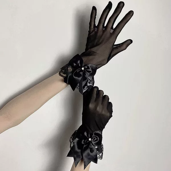 Wholesale Bridal Wedding Dress Gloves Short Mesh Black Lace Bow Gloves Retro Photo