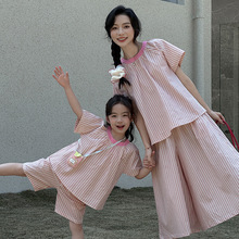 2025新款夏款小众特色套装条纹撞色短袖衬衫一家三四口全家亲子装