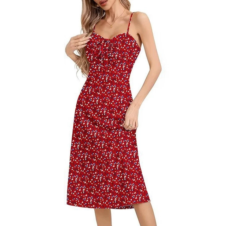2026 New European and American Women's Summer Floral Mid-Length Tank Dress with Thin Straps, Front Drawstring, Slim Fit, Casual Beach Dress 2026 New European and American Women's Summer Floral Mid-Length Tank Dress with Thin Straps, Front Drawstring, Slim Fit, Casual Beach Dress