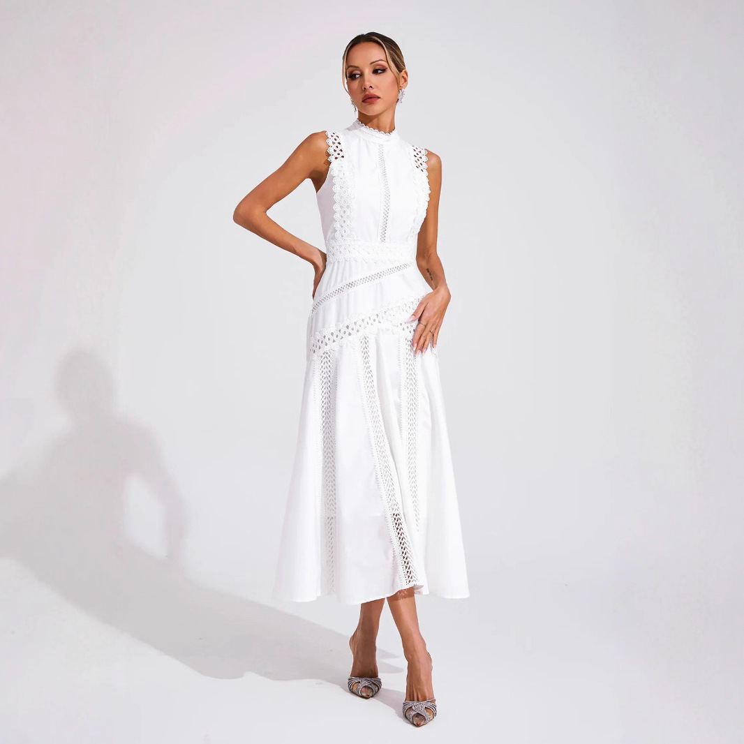 2026 Summer New Foreign Trade Style European and American Women's Round Neck Sleeveless Elegant Long Dress Lace Commuter Evening Dress