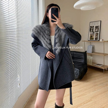 摩登派对2025秋冬新款高级狐狸毛领羊毛大衣双面呢皮草外套女显瘦