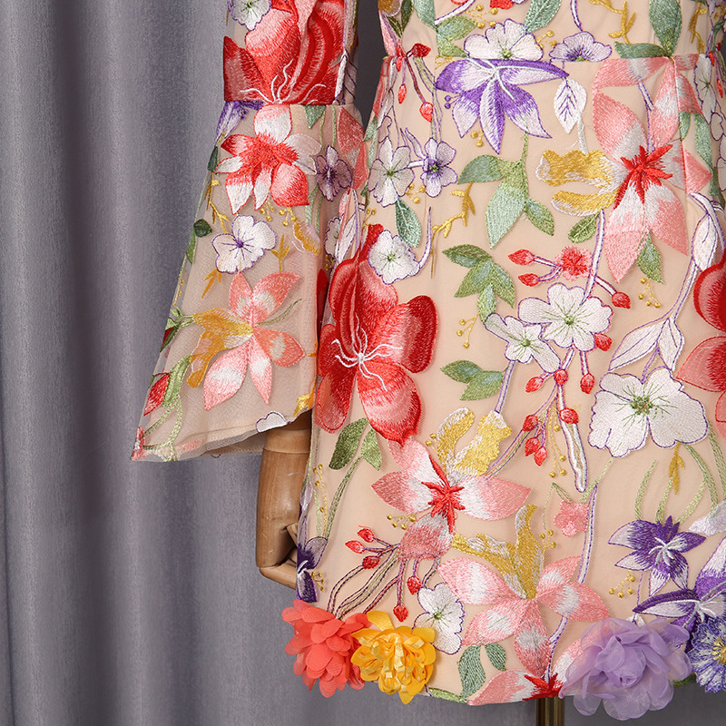 Three Dimensional Floral Cluster Embroidered Bell Sleeve Retro Dress off Neck Dress 20 Three Dimensional Floral Cluster Embroidered Bell Sleeve Retro Dress Off Neck Dress