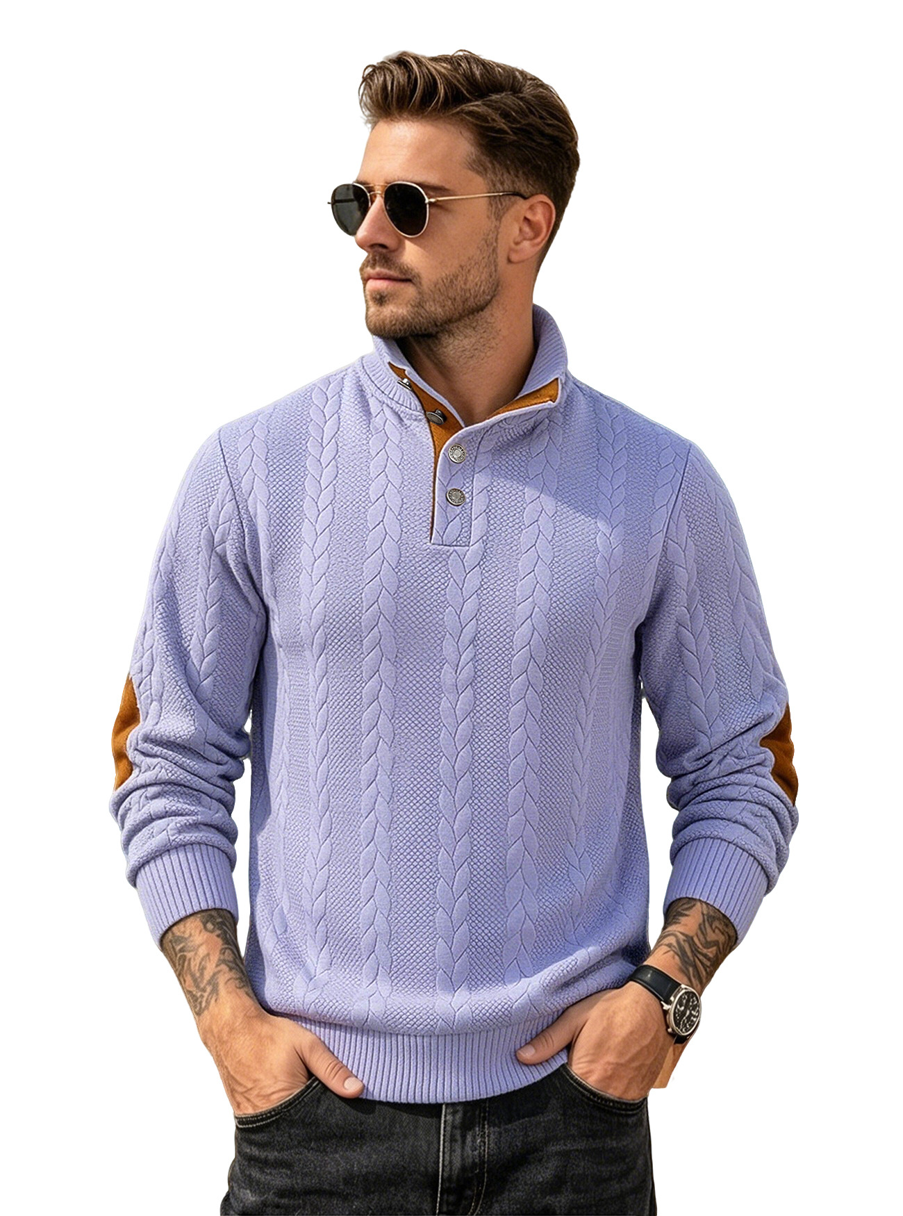 Camiseta POLO jacquard para hombre, estilo europeo y americano, con cuello Henley, manga larga, bordado con parches, suéter informal para hombre.