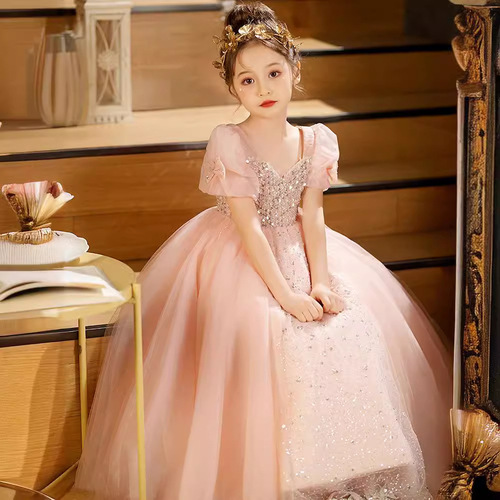 女童礼服春夏儿童轻奢公主裙粉色女孩主持人钢琴演出服生日晚礼服