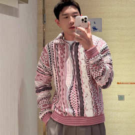 原标跨境正确版驴家新款花㚏提花重工半拉链立领Polo羊毛男女毛衣