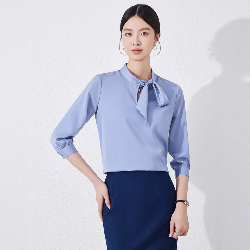 雪纺衬衫女2025新款中袖白色宽松百搭系带衬衣专卖店柜姐导购工装