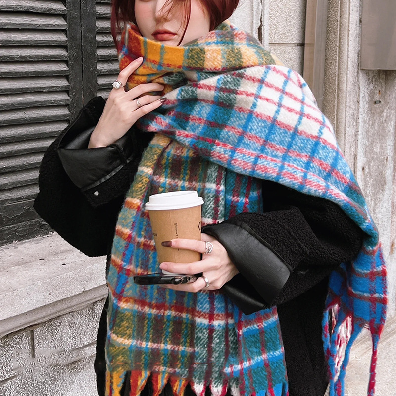 Autumn New Style Circle Yarn Plaid Comfortable Scarf Cross-border Popular Versatile Warm Thickeneded Fashionable Tassel Rainbow Beauty