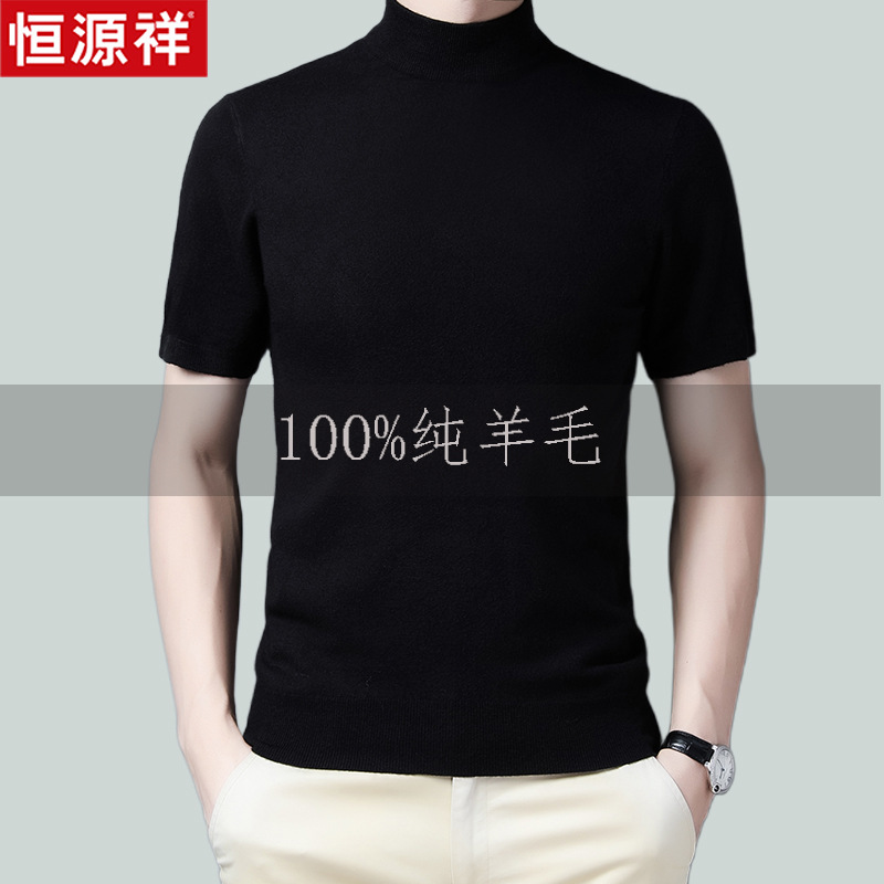 恒源祥男士秋冬100%纯羊毛男中青年半高领薄款纯色短袖针织羊毛衫