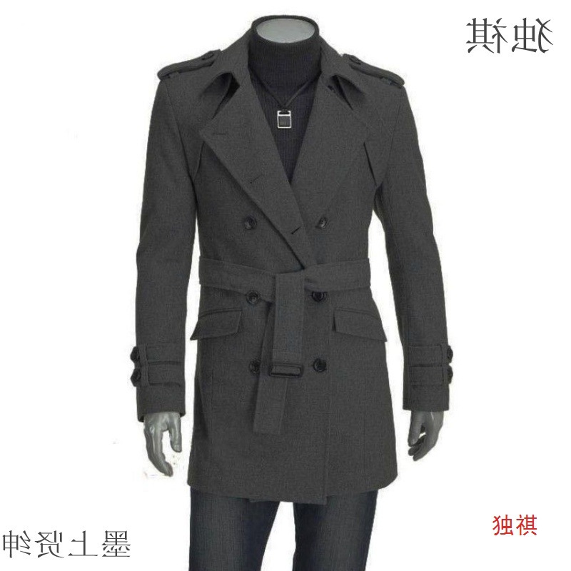 New autumn/winter men's Korean style coat, fashionable trench coat with epaulettes, mid-length double-breasted wool coat.