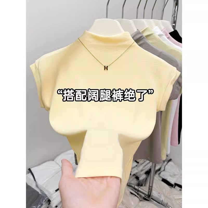 우아한 작은 플라이 슬리브 탑 여성 틈새 디자인 센스 반 하이 넥 슬림 핏 스트레치 티셔츠 여름 폭발 한국 정상