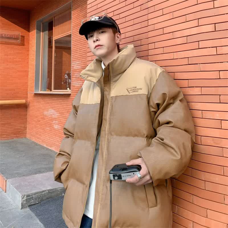 Winter New American-Style Cotton Jacket for Men, Street Retro Pu Leather Crocodile Pattern Color-Blocking Stand Collar Coat Leather Jacket