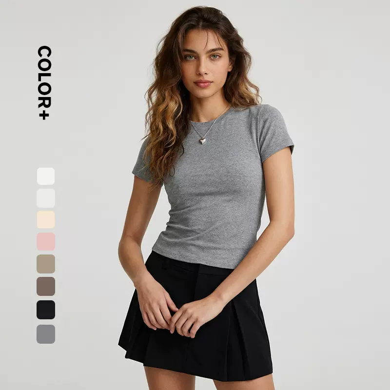 亚马逊速卖通热销女装春夏美式辣妹短袖t恤修身t恤女氨纶纱Ｔ恤