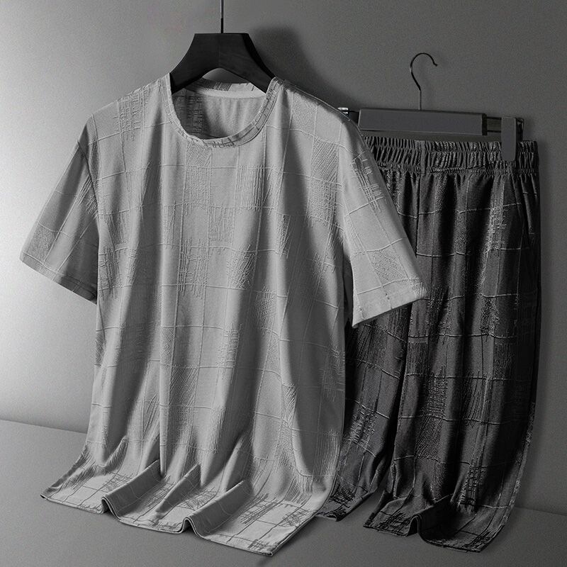 Summer Ice Silk Dark Plaid Two-Piece Set with Round Neck, Short Sleeves, and Loose-Fitting Breathable Cropped Pants for Middle-Aged Men Summer Ice Silk Dark Plaid Two-Piece Set with Round Neck, Short Sleeves, and Loose-Fitting Breathable Cropped Pants for Middle-Aged Men