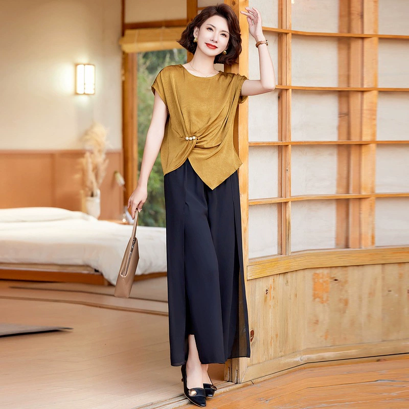 Mom Fashion Kit Summer 2025 новый щедрое леди темпераментный топ среднего возраста женская футболка широкие брюки из двух частей