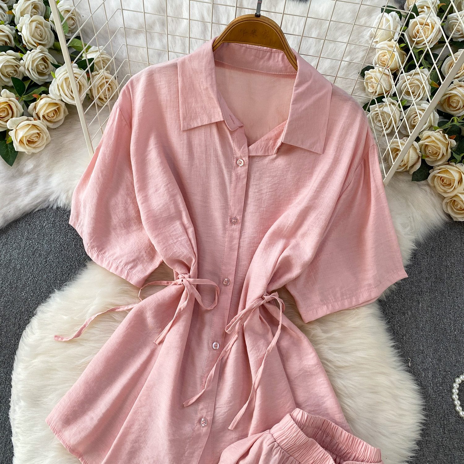 High-Waisted Slimming Collared Shirt with Side Ties And Wide Leg Trousers Women's Outfit Casual Style Set_ecoleips.com