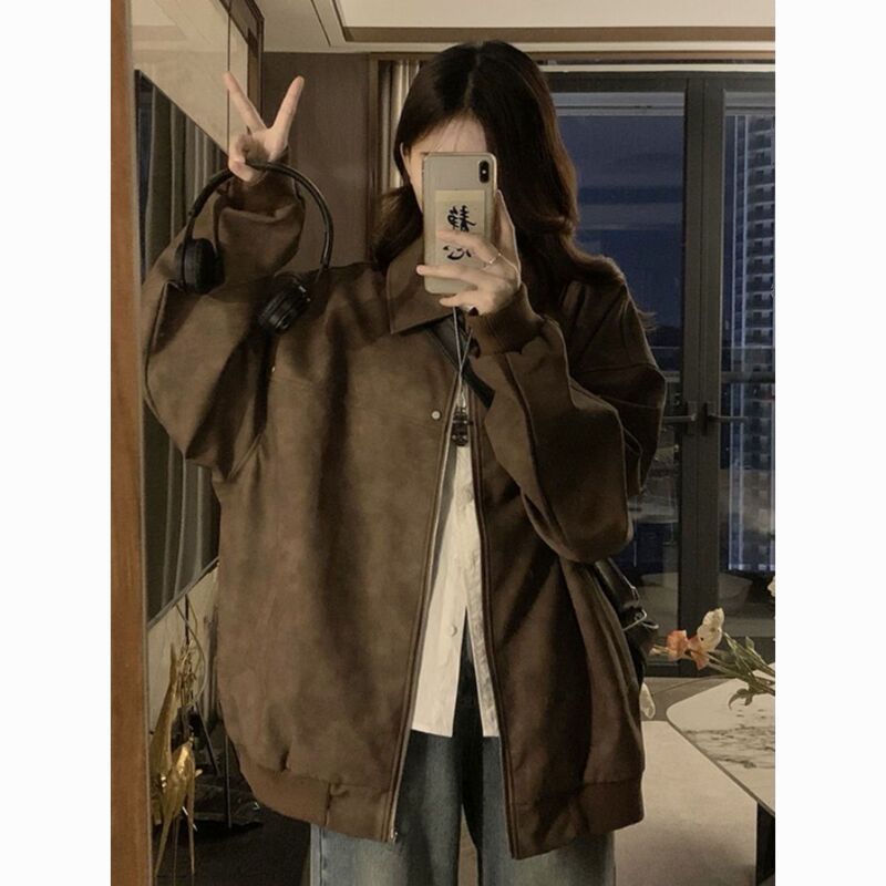 美式复古棕色外套女春秋季新款酷飒风翻领仿麂皮绒PU情侣机车夹克|undefined