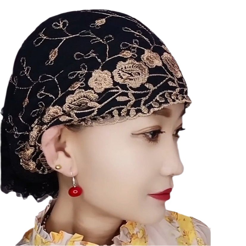 Four Seasons Embroidered Flower Bag Hat Thin Lace Embroidered Foreign Style White Hair Cover Hat Fashionable Home Hair Wear Hat