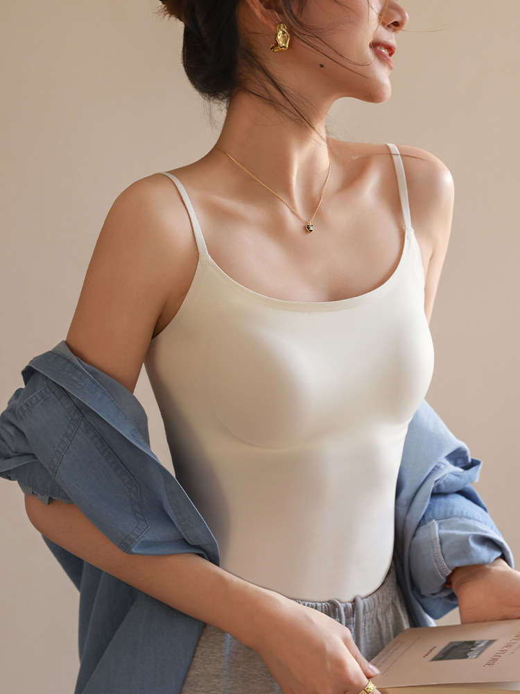 여성용 심리스 리퀴드 파운데이션 속옷, 여름 스파게티 스트랩, 아이스 실크 심리스 보이지 않는 브라, 가슴 수축, 노출 방지, 스킨 컬러 조끼