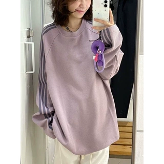 慵懒风三条杠撞色华夫格圆领卫衣女装250g宽松插肩袖休闲套头上衣
