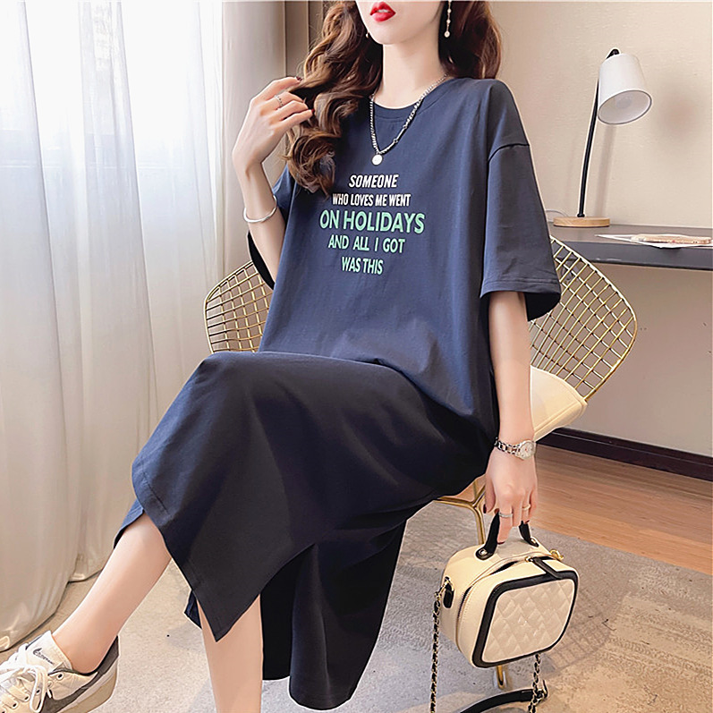 Cross-border Pure Cotton Korean-style Short-sleeved Dress Women's Summer Loose Large Size Casual Mid-length Over-the-knee T-shirt Long Skirt