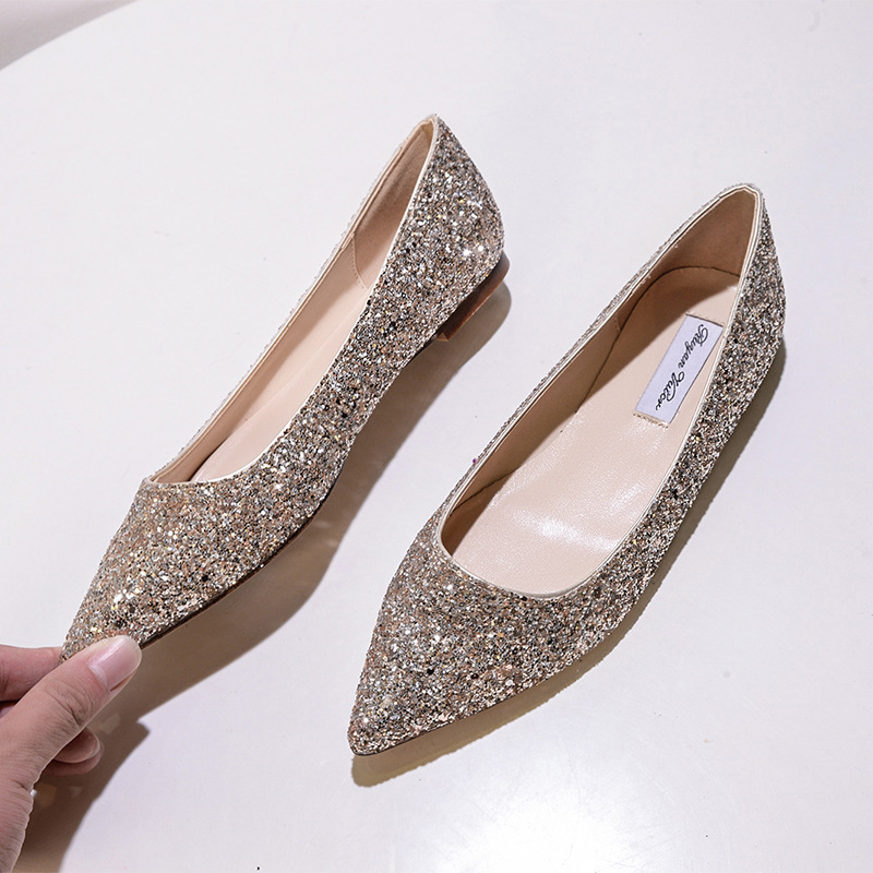 [Spot] a generation of champagne gold and silver pointed flat shoes female Bride wedding shoes show wedding dress
