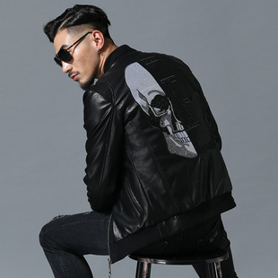 Leather Jacket for Men Philipp European and American Export Cross-Border Trendy Brand Skull Pu Leather Baseball Collar Plus Cotton Jacket for Men