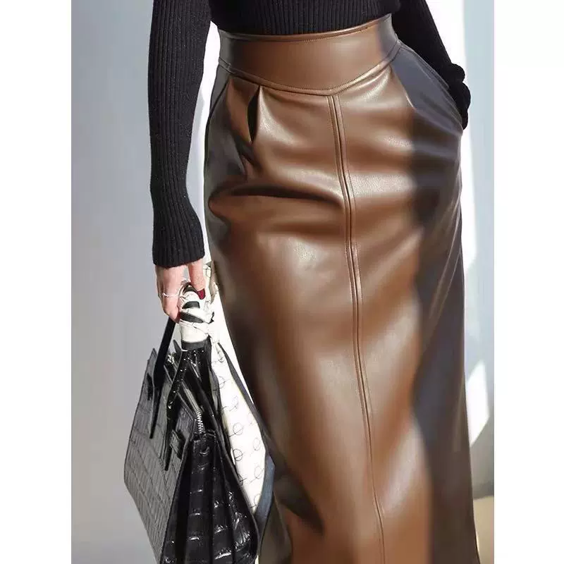 Женская юбка Haining из натуральной кожи средней длины, облегающая бедра, с разрезами, облегающая посадка из козьей кожи, осенне-зимняя высокая талия, стройнящая и модная.