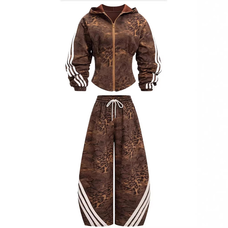 Cross-Border New Product: Maillard Retro Style Jacket, Vintage Side Stripe Design, Leopard Print Casual Trendy Sweatshirt