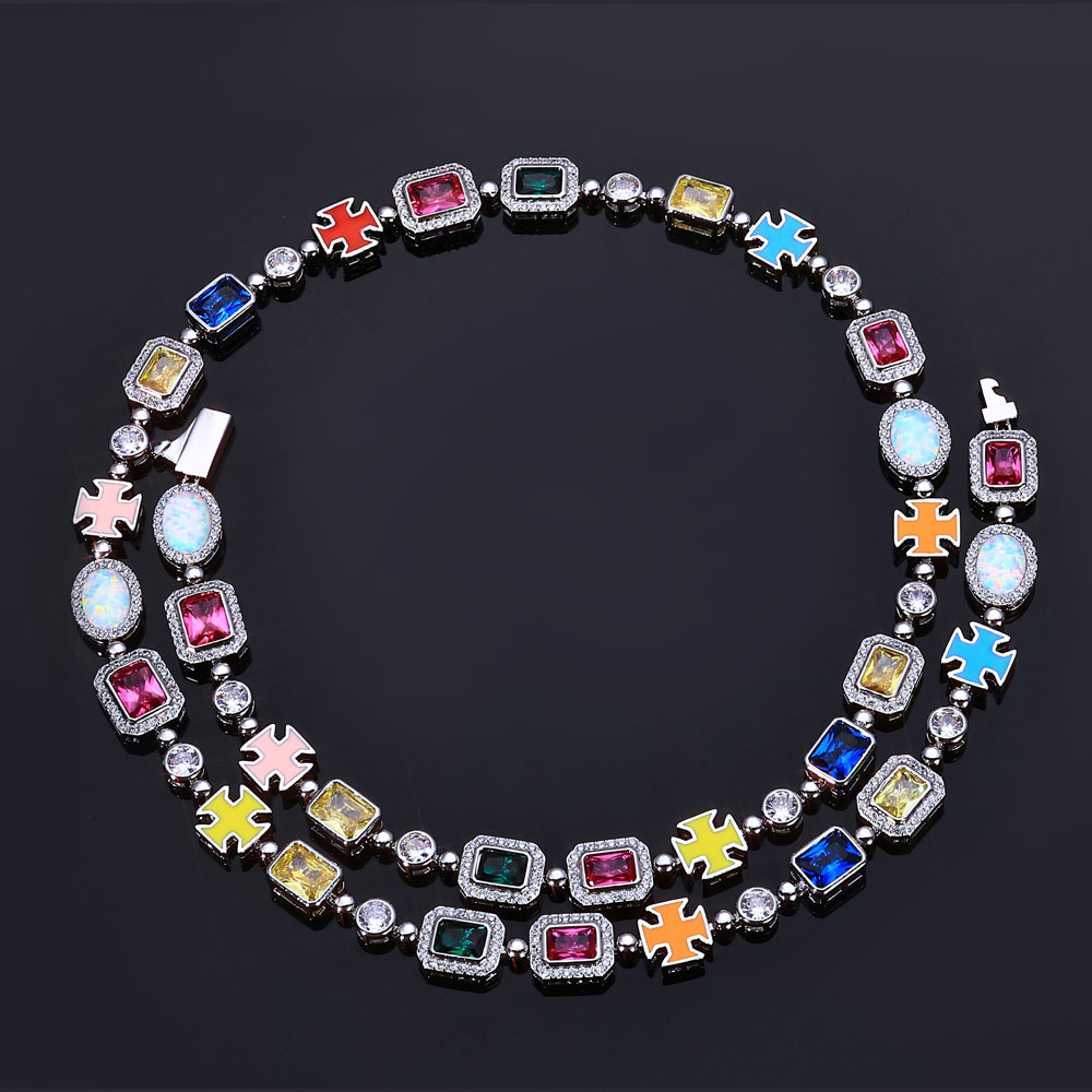 ヒップホップクロスボーダーカラフルな宝石レディースジュエリーネックレスチェーンジュエリーハイエンドジルコンメンズネックレス卸売