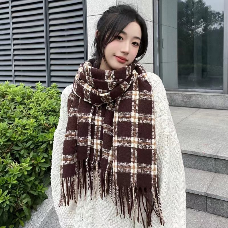 2023 학원풍 소향풍 체크 수술 목도리 여자 가을 겨울 모조 캐시미어 숄 보온