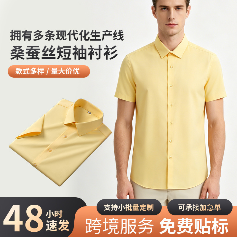 Cross-Border Mulberry Silk Men's Short-Sleeved Shirt, Business Commuting Work Professional Shirt, No-Iron, Seamless, Solid Color Top Cross-Border Mulberry Silk Men's Short-Sleeved Shirt, Business Commuting Work Professional Shirt, No-Iron, Seamless, Solid Color Top