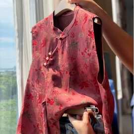 新中式红色提花坎肩上衣女巨好看的不规则下摆桑蚕丝无袖衬衫