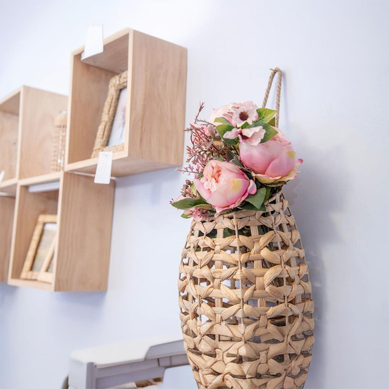 Cestas de flores portátiles tejidas a mano tejidas de paja pequeñas macetas colgadas de pared de caña tejidas cestas colgadas de calabaza de agua colgadas de hierba flor seca vasos