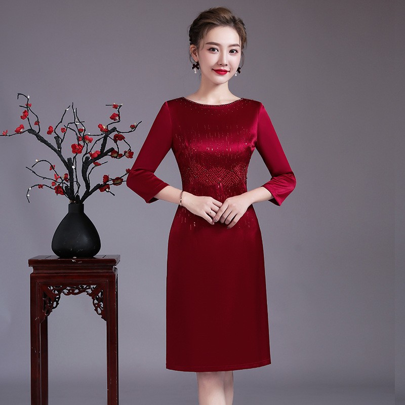 Acetic acid new cheongsam adult dress improved slim retro seven-sleeve satin women's toast dress wholesale