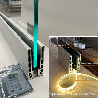 美式风格LED室外玻璃栏杆阳台玻璃扶手铝U槽酒店别墅玻璃栏杆项目