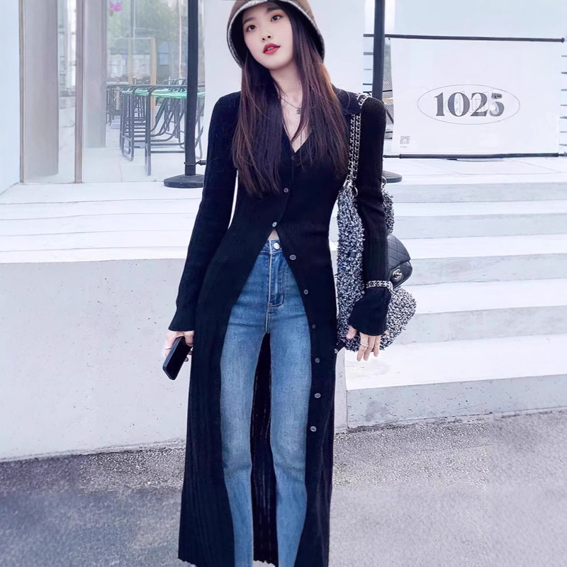 European and American Autumn and Winter New POLO Collar Long Sleeve Knitted Long dress Cardigan Royal Sister High-grade Tight Waist Jacket