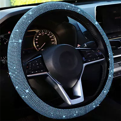 Steering wheel cover: Full Rhinestone Car Interior Handle - lake-blue-diamond-38cm
