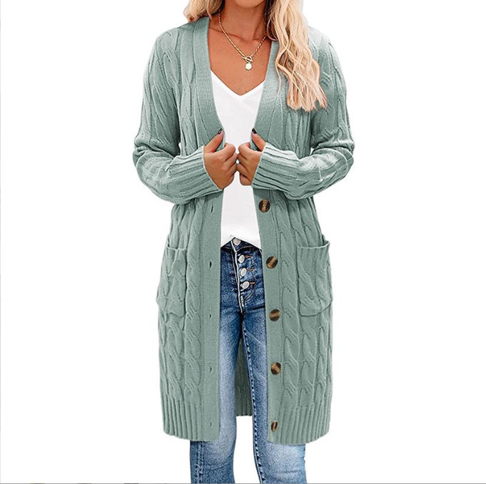 Comercio exterior transfronterizo Amazon Otoño e Invierno 2024 nuevo suéter de giro largo de las mujeres de color sólido botón bolsillo cardigan abrigo
