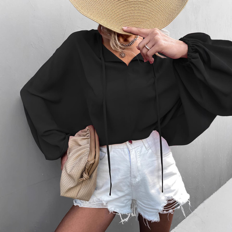 2026 Spring and Summer New Amazon Independent Site Cross-Border Hot-Selling Butterfly Sleeve Tie V-Neck Loose Casual Top for Women
